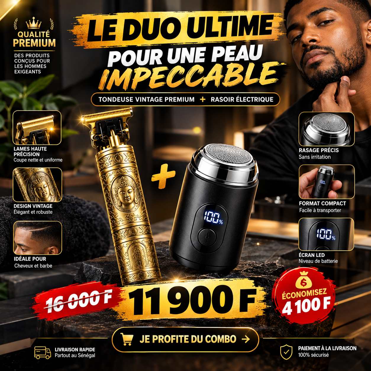 Pack Duo Barbier : Tondeuse Vintage Dorée + Mini Rasoir Digital – Image 4