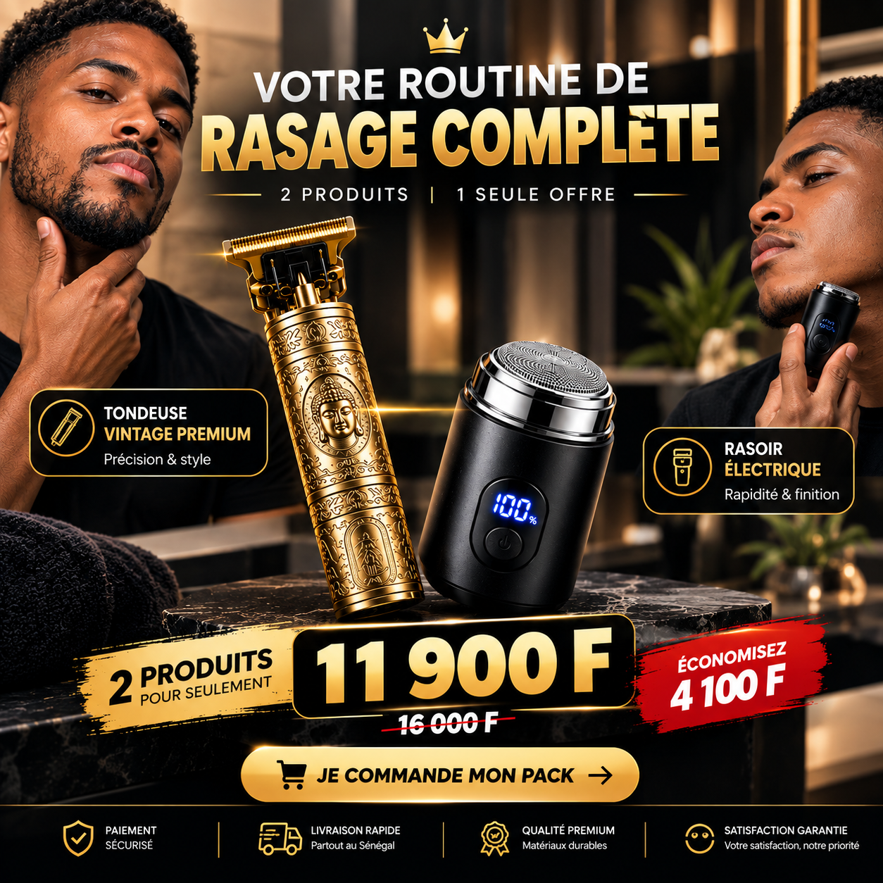 Pack Duo Barbier : Tondeuse Vintage Dorée + Mini Rasoir Digital – Image 2